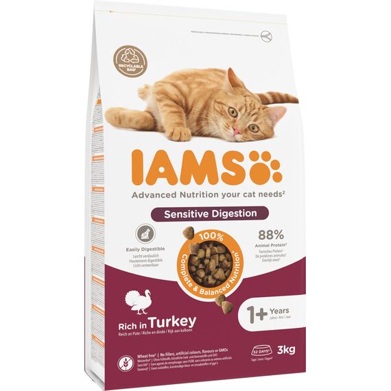 IAMS Sensible Verdauung Katzenfutter trocken - Trockenfutter für Katzen mit empfindlichen Mägen ab 1 Jahr, 3 kg