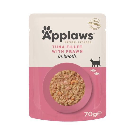 Applaws Premium Natural Katzenfutter Nass, Thunfischfilet mit pazifischer Garnele in Brühe 70g Portionsbeutel (12x70g )