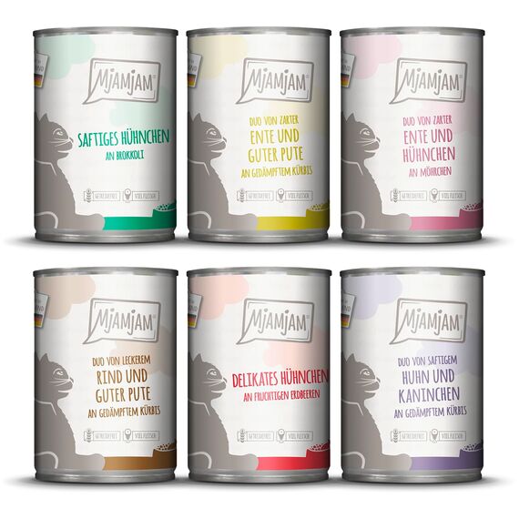 MjAMjAM - Premium Nassfutter für Katzen - Mixpaket 6 für deine Katze, 6er Pack (6 x 400 g), getreidefrei mit extra viel Fleisch