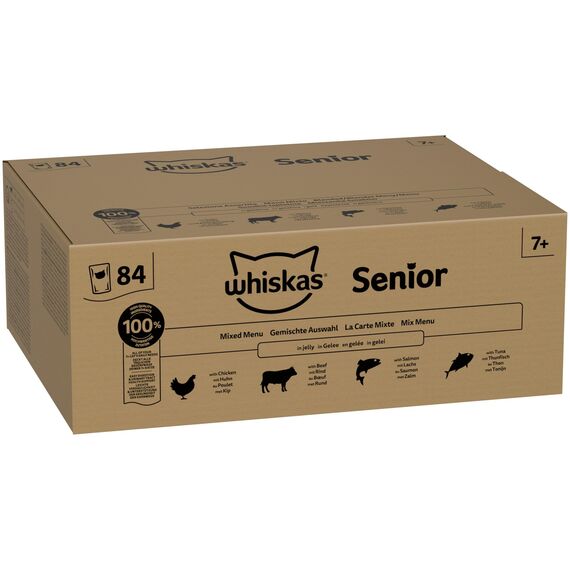 Whiskas Senior 7+ Katzennassfutter Gemischte Auswahl in Gelee, 84 Portionsbeutel, 84x85g (1 Großpackung) – Hochwertiges Katzenfutter nass, für Katzen ab 7 Jahren und älter