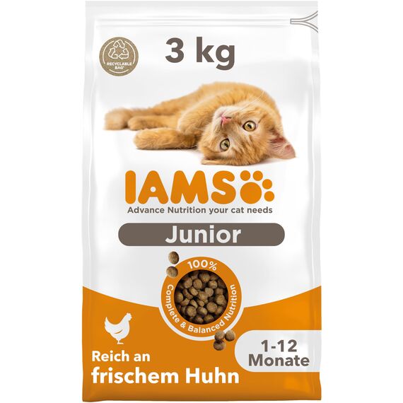 IAMS Junior Katzenfutter trocken mit Huhn - Trockenfutter für Kitten im Alter von 1-12 Monaten, 3 kg