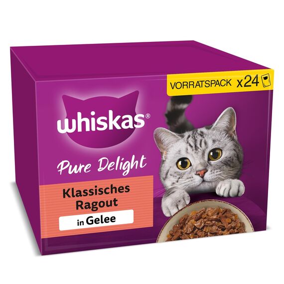WHISKAS PURE DELIGHT Nassfutter in Gelee 24 x 85g Klassisches Ragout (4 Packungen) 48 Portionsbeutel