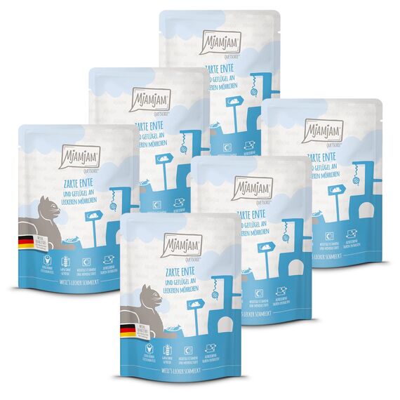 MjAMjAM - Premium Nassfutter für Katzen - Quetschie - zarte Ente & Geflügel an leckeren Möhrchen, 6er Pack (6 x 300 g), getreidefrei mit extra viel Fleisch