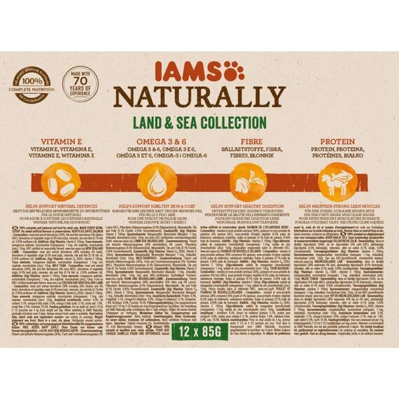 IAMS Naturally Katzenfutter Nass in Sauce - hochwertiges Nassfutter mit Fleisch und Fisch für erwachsene Katzen, Land & Sea Collection, 12 x 85 g