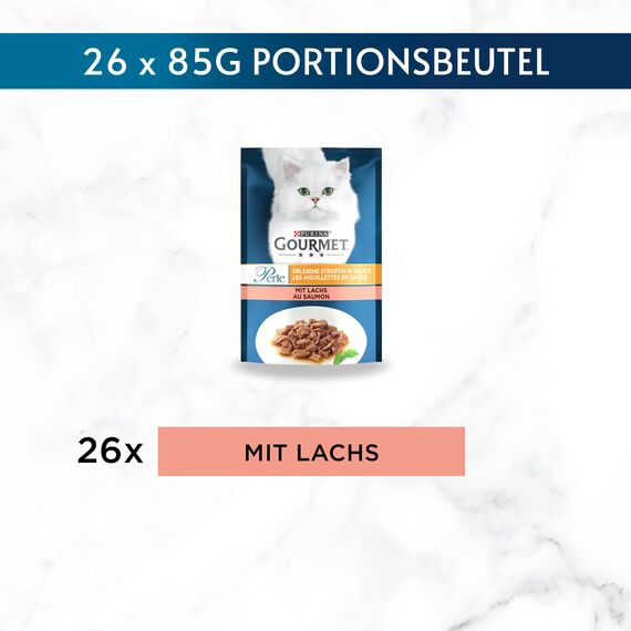 Gourmet Perle Erlesene Streifen Katzenfutter nass, mit Lachs, 26er Pack (26 x 85g)