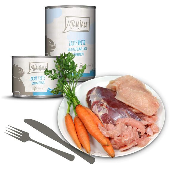 MjAMjAM - Premium Nassfutter für Katzen - zarte Ente & Geflügel an leckeren Möhrchen, 6er Pack (6 x 200 g), getreidefrei mit extra viel Fleisch
