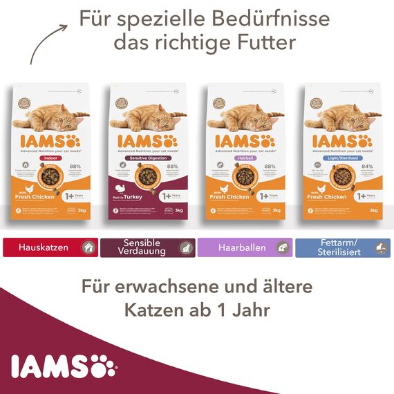 IAMS Sensible Verdauung Katzenfutter trocken - Trockenfutter für Katzen mit empfindlichen Mägen ab 1 Jahr, 3 kg