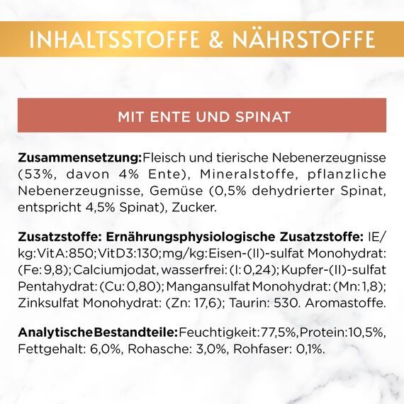 Gourmet Gold Feine Pastete mit Gemüse Katzenfutter nass, mit Ente und Spinat, 12er Pack (12 x 85g)