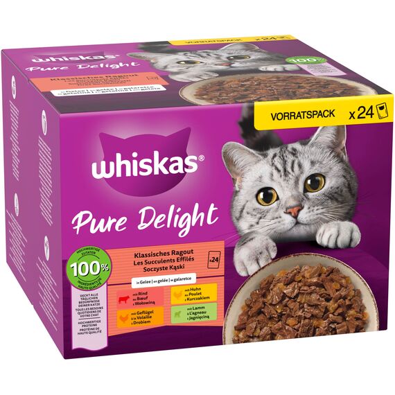 WHISKAS PURE DELIGHT Nassfutter in Gelee 24 x 85g Klassisches Ragout (4 Packungen) 48 Portionsbeutel