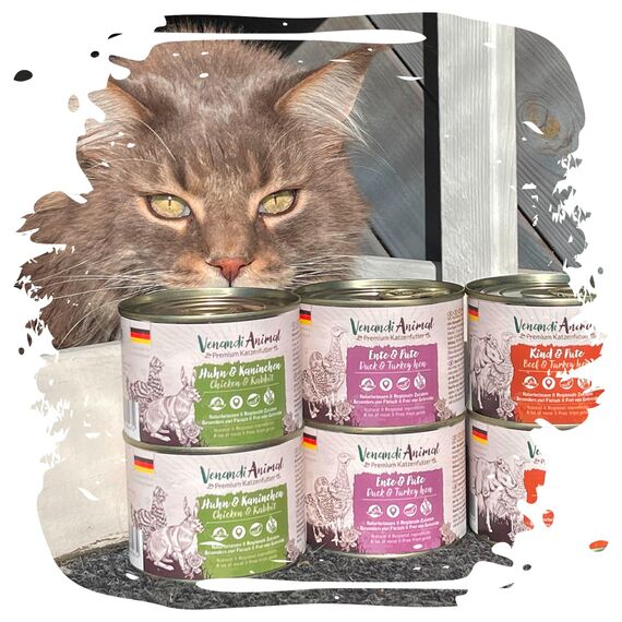Venandi Animal Premium Nassfutter für Katzen, Probierpaket III, Huhn, Pute, Rind, Huhn + Kaninchen, Kalb, Truthahn, 6 x 200 g, getreidefrei und naturbelassen, 1.2 kg