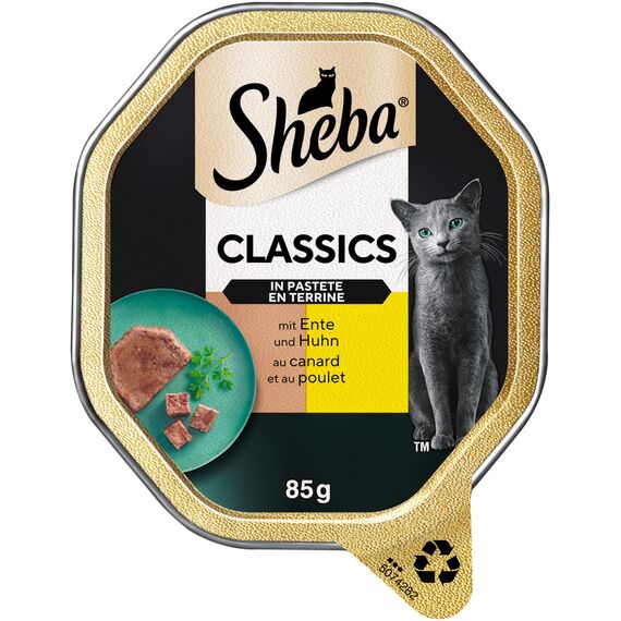 Sheba Classics in Pastete – Katzenfutter als Pasteten mit feinen Stückchen – Ente und Huhn – Getreidefrei – 22 x 85g