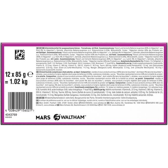 Whiskas 1+ Katzennassfutter Klassische Auswahl in Sauce, 12x85g (4 Packungen) – Hochwertiges Nassfutter für ausgewachsene Katzen in 48 Portionsbeuteln