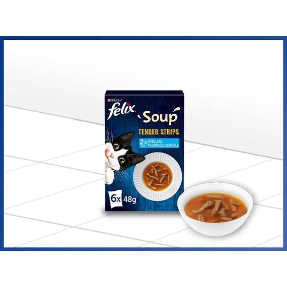 Felix Soup Tender Strips Suppe für Katzen, Fisch Sorten-Mix, 1 Packung (6 x 48g)
