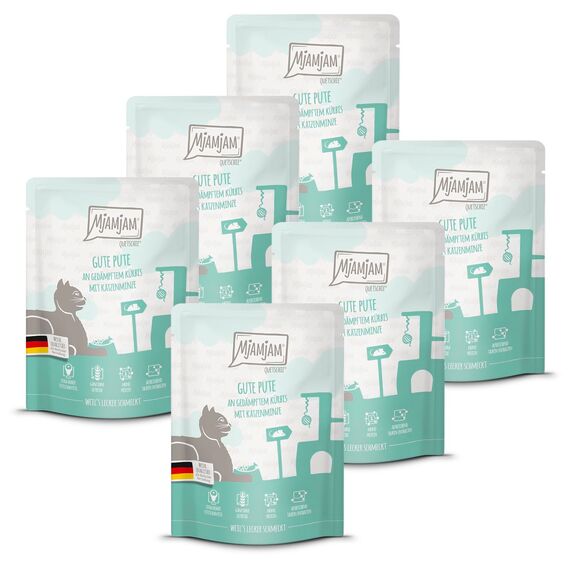 MjAMjAM - Premium Nassfutter für Katzen - Quetschie - gute Pute an gedämpftem Kürbis, 6er Pack (6 x 300 g), getreidefrei mit extra viel Fleisch