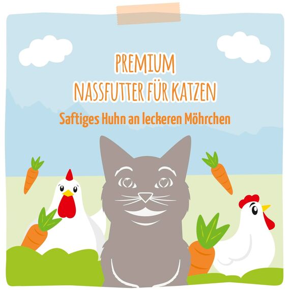 MjAMjAM - Premium Nassfutter für Katzen - Quetschie - saftiges Huhn an leckeren Möhrchen, 6er Pack (6 x 300 g), getreidefrei mit extra viel Fleisch