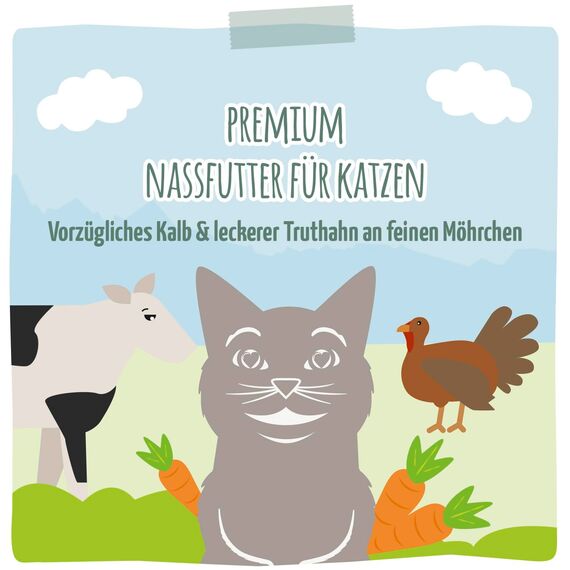 MjAMjAM - Premium Nassfutter für Katzen - vorzügliches Kalb & Truthahn an feinen Möhrchen, 6er Pack (6 x 200 g), getreidefrei mit extra viel Fleisch