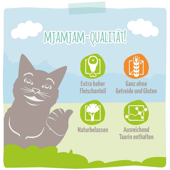 MjAMjAM - Premium Nassfutter für Katzen - Quetschie - gute Pute an gedämpftem Kürbis, 12er Pack (12 x 125 g), getreidefrei mit extra viel Fleisch
