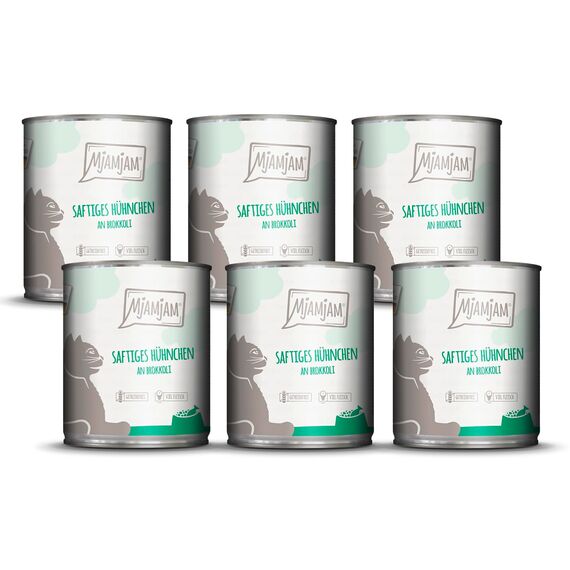 MjAMjAM - Premium Nassfutter für Katzen - saftiges Hühnchen an Brokkoli, 6er Pack (6 x 800 g), getreidefrei mit extra viel Fleisch