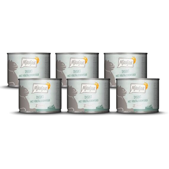 MjAMjAM - Premium Nassfutter für Katzen - Insekt mit vorzüglichem Kalb, 6er Pack (6 x 200 g), getreidefrei mit Insektenprotein