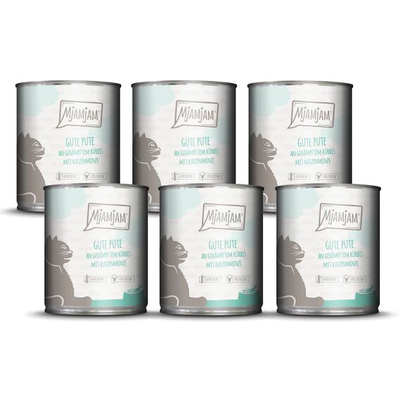 MjAMjAM - Premium Nassfutter für Katzen - gute Pute an gedämpftem Kürbis, 6er Pack (6 x 800 g), getreidefrei mit extra viel Fleisch