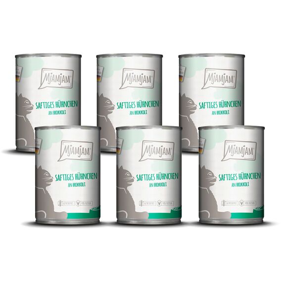 MjAMjAM - Premium Nassfutter für Katzen - saftiges Hühnchen an Brokkoli, 6er Pack (6 x 400 g), getreidefrei mit extra viel Fleisch