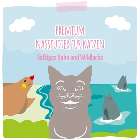 MjAMjAM - Premium Nassfutter für Katzen - saftiges Huhn und Wildlachs, 6er Pack (6 x 800 g), getreidefrei mit extra viel Fleisch