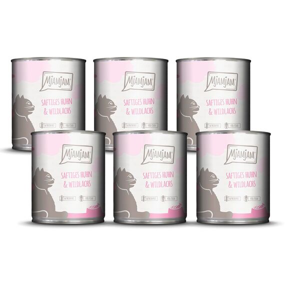 MjAMjAM - Premium Nassfutter für Katzen - saftiges Huhn und Wildlachs, 6er Pack (6 x 800 g), getreidefrei mit extra viel Fleisch