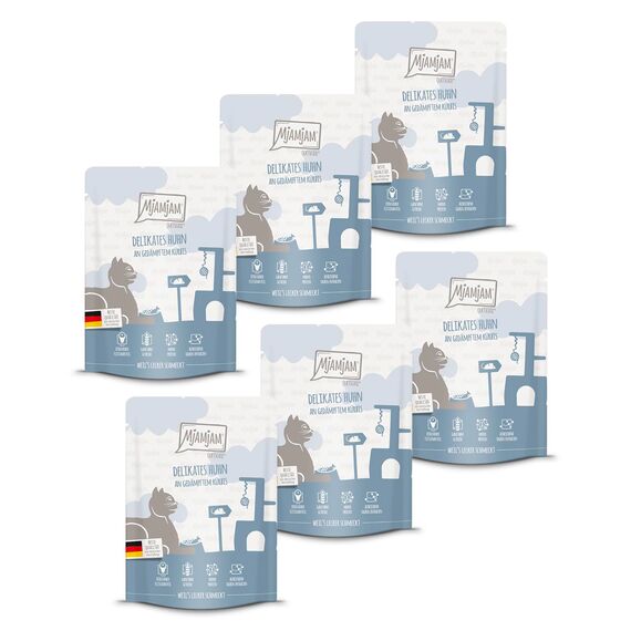 MjAMjAM - Premium Nassfutter für Katzen - Quetschie - delikates Huhn an gedämpftem Kürbis, 6er Pack (6 x 300g), getreidefrei mit extra viel Fleisch