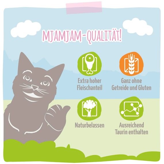 MjAMjAM - Premium Nassfutter für Katzen - saftiges Huhn und Wildlachs, 6er Pack (6 x 800 g), getreidefrei mit extra viel Fleisch