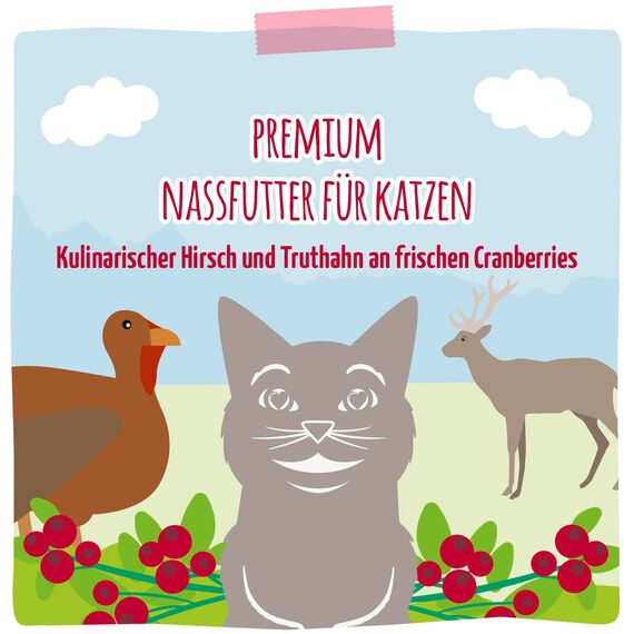 MjAMjAM - Premium Nassfutter für Katzen - kulinarischer Hirsch und Truthahn an frischen Cranberries, 6er Pack (6 x 800 g), getreidefrei mit extra viel Fleisch
