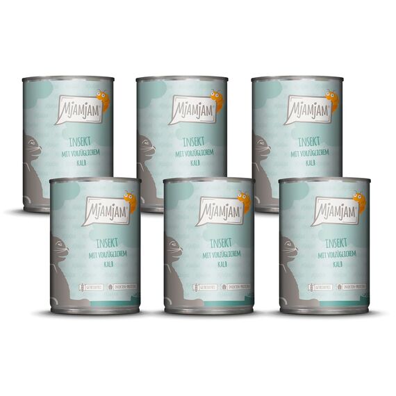 MjAMjAM - Premium Nassfutter für Katzen - Insekt mit vorzüglichem Kalb, 6er Pack (6 x 400 g), getreidefrei mit Insektenprotein