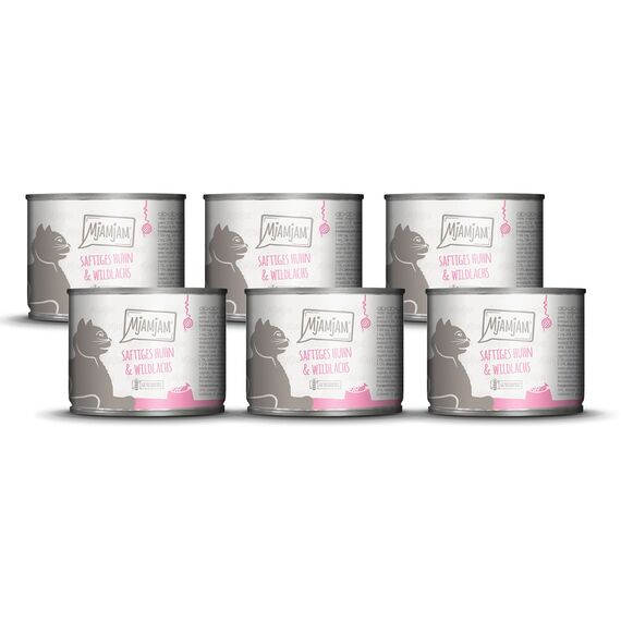 MjAMjAM - Premium Nassfutter für Katzen - saftiges Huhn und Wildlachs, 6er Pack (6 x 200 g), getreidefrei mit extra viel Fleisch