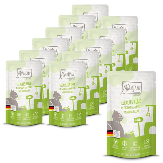 MjAMjAM - Premium Nassfutter für Katzen - Quetschie - leckeres Rind an gedämpftem Kürbis, 12er Pack (12 x 125 g), getreidefrei mit extra viel Fleisch