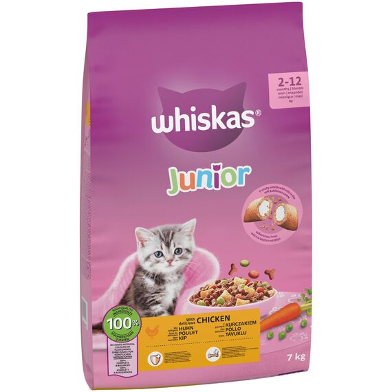 Whiskas Junior Trockenfutter Huhn, 7kg (1 Packung) - Katzentrockenfutter für heranwachsende Katzen - Extra kleine Kibbles für Kätzchen (2-12 Monate) - unterschiedliche Produktverpackungen erhältlich