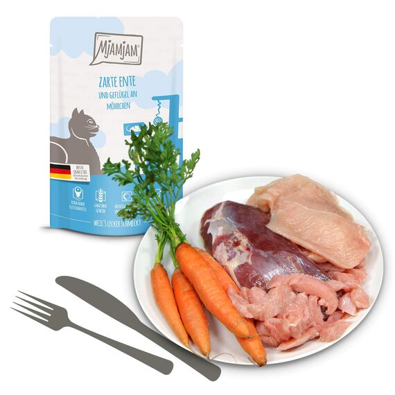 MjAMjAM - Premium Nassfutter für Katzen - Quetschie Mixpaket III, 12er Pack (12 x 125 g), getreidefrei mit extra viel Fleisch