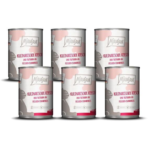 MjAMjAM - Premium Nassfutter für Katzen - kulinarischer Hirsch und Truthahn an frischen Cranberries, 6er Pack (6 x 400 g), getreidefrei mit extra viel Fleisch