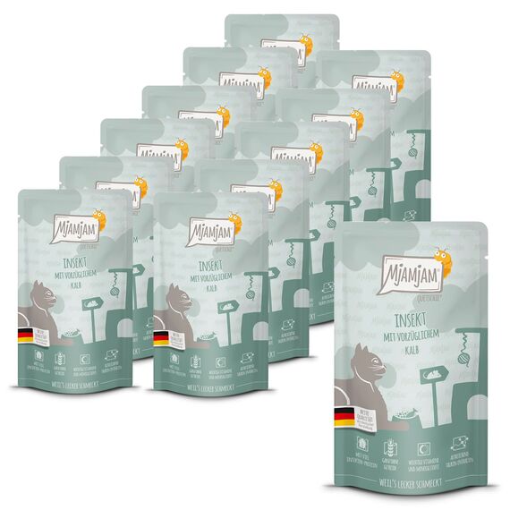 MjAMjAM - Premium Nassfutter für Katzen - Quetschie - Insekt mit vorzüglichem Kalb, 12er Pack (12 x 125 g), getreidefrei mit Insektenprotein