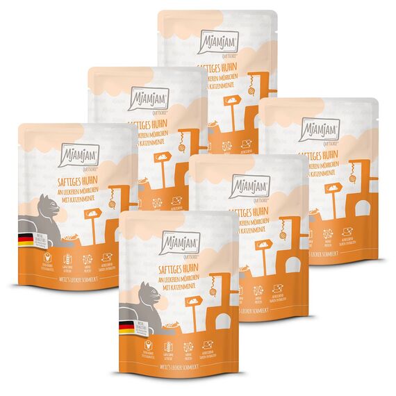 MjAMjAM - Premium Nassfutter für Katzen - Quetschie - saftiges Huhn an leckeren Möhrchen, 6er Pack (6 x 300 g), getreidefrei mit extra viel Fleisch