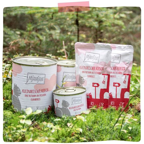 MjAMjAM - Premium Nassfutter für Katzen - kulinarischer Hirsch und Truthahn an frischen Cranberries, 6er Pack (6 x 800 g), getreidefrei mit extra viel Fleisch