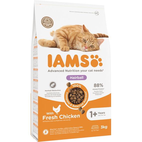 IAMS Anti-Haarballen Katzenfutter trocken mit Huhn - Trockenfutter für Katzen ab 1 Jahr, 3 kg