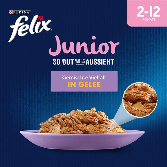 Felix So gut wie es aussieht Junior Kittenfutter nass in Gelee, Sorten-Mix, 6er Pack (6 x 12 Beutel à 85g)