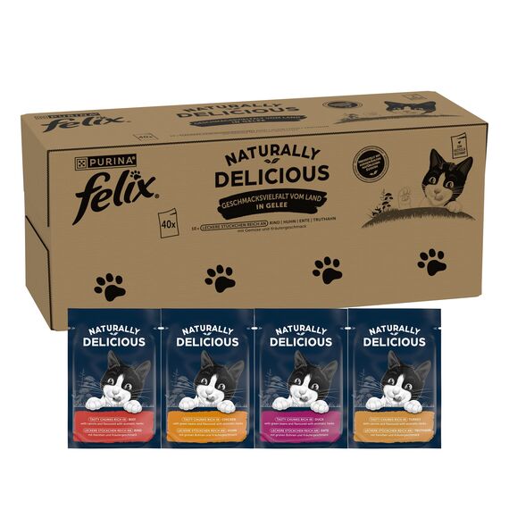 Felix Naturally Delicious, Katzenfutter nass Geschmacksvielfalt vom Land mit Gemüse in Gelee, 80er Pack (80x 80g)