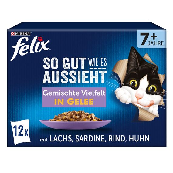 Felix So gut wie es aussieht Senior Katzenfutter nass in Gelee, Sorten-Mix, 6er Pack (6 x 12 Beutel à 85g)