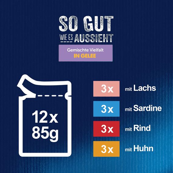 Felix So gut wie es aussieht Senior Katzenfutter nass in Gelee, Sorten-Mix, 6er Pack (6 x 12 Beutel à 85g)