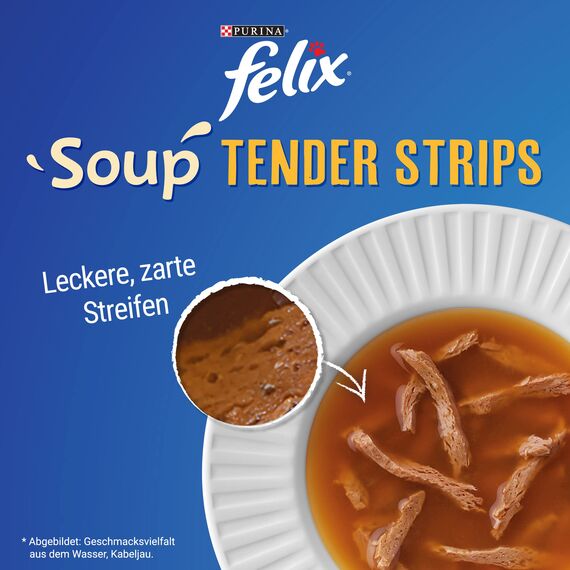 Felix Soup Tender Strips Suppe für Katzen, Fisch Sorten-Mix, 1 Packung (6 x 48g)