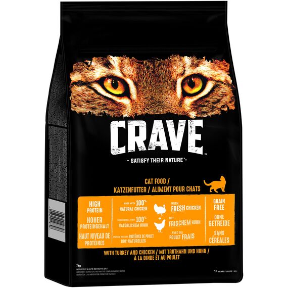 Crave Adult Trockenfutter mit Truthahn & Huhn, 7kg (1 Beutel) – Premium Katzenfutter trocken mit hohem Proteingehalt und ohne Getreide – Hergestellt mit 100 Prozent natürlichem Huhn