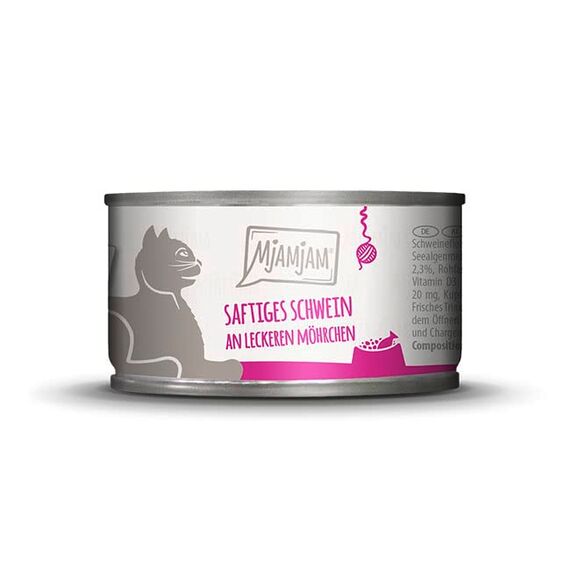 MjAMjAM - Premium Nassfutter für Katzen - saftiges Schwein an leckeren Möhrchen, 6er Pack (6 x 100 g), getreidefrei mit extra viel Fleisch