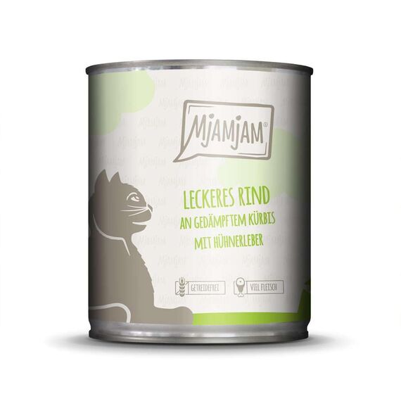 MjAMjAM - Premium Nassfutter für Katzen - leckeres Rind an gedämpftem Kürbis, 6er Pack (6 x 800 g), getreidefrei mit extra viel Fleisch