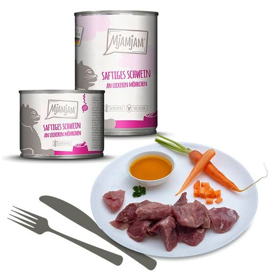 MjAMjAM - Premium Nassfutter für Katzen - saftiges Schwein an leckeren Möhrchen, 6er Pack (6 x 100 g), getreidefrei mit extra viel Fleisch