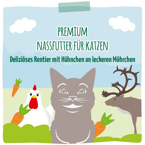 MjAMjAM - Premium Nassfutter für Katzen - deliziöses Rentier mit Hühnchen an leckeren Möhrchen, 6er Pack (6 x 200 g), getreidefrei mit extra viel Fleisch